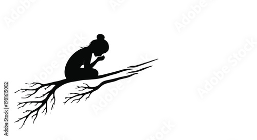 Solitary silhouette of a person praying on a tree branch, conveying introspection and peace.