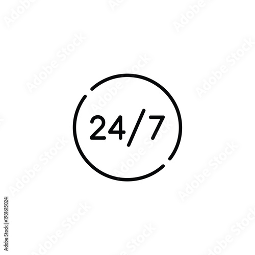 Minimalist vector icon showing a 24/7 availability symbol in a clean circular design