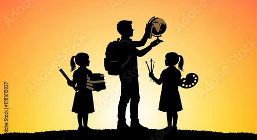 Silhouette of a teacher and two students with educational tools against a sunset backdrop.