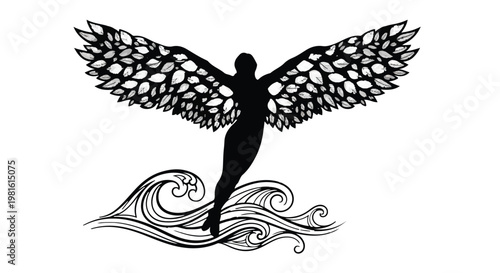 Silhouette of a woman with feathered wings emerging from stylized waves, symbolizing freedom and empowerment.