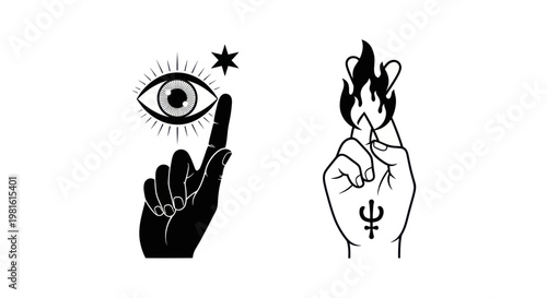 Mystical Hands: All-Seeing Eye and Fire Symbol with Astrology Sign