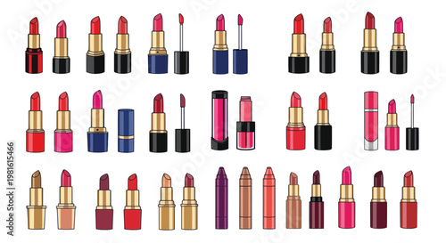 Collection of Colorful Lipsticks and Lip Glosses on White Background
