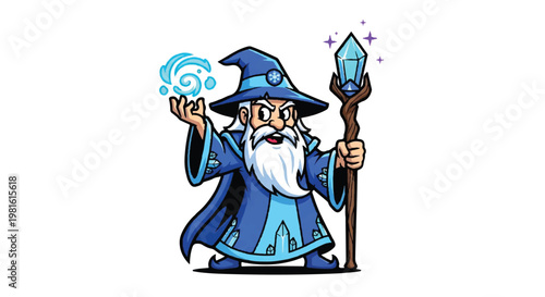 Cartoon wizard with magic staff and spell isolated on white