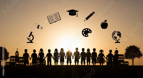 Silhouette of Children Holding Hands with Educational Icons at Sunset.