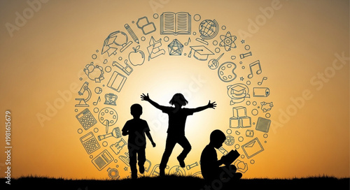Silhouette of children playing with educational symbols against a sunset backdrop.