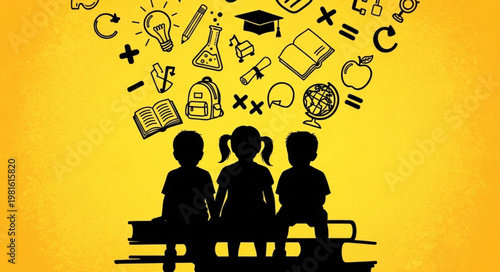 Silhouette of children sitting on books with education symbols above.
