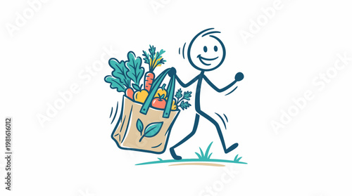 Happy Stick Figure Carrying Groceries in Eco-Friendly Bag