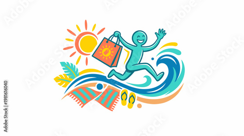 Joyful Character Running Towards Sunny Beach Vacation