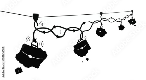 Abstract illustration of briefcases traveling along a winding wire, symbolizing business journey and challenges.