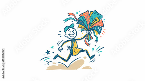 Joyful Delivery Person Running with a Festive Bundle