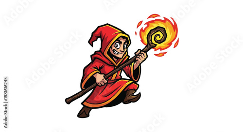 Cartoon wizard with staff and flame isolated on white