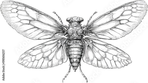 Detailed grayscale insect illustration. Shows a winged arthropod with intricate details. Wing veins are visible