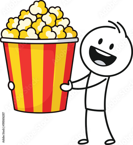 Cartoon stick figure holding oversized popcorn bucket playful design vector illustration representing cinema snack fun humor entertainment freshness