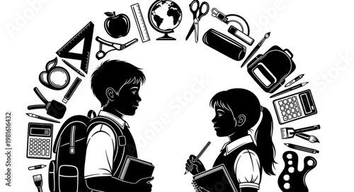Silhouette of Students Surrounded by School Supplies in Black and White.
