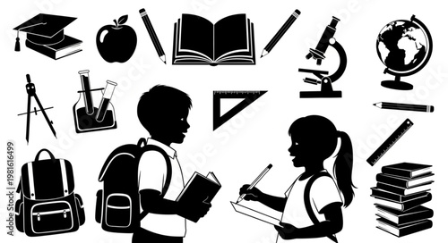 Silhouette of students with school supplies and educational icons.