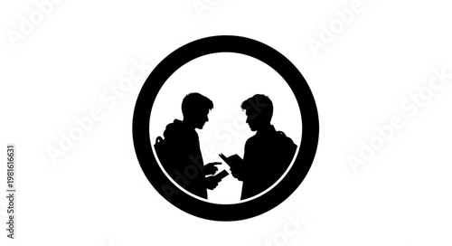 Silhouette of two people in a circle, possibly discussing technology.