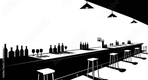 Silhouetted Bar Scene with Bottles and Stools in Black and White.