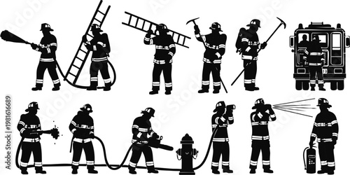 Firefighter Rescue Operations and Fire Truck Silhouette Vector