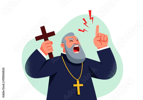 Angry Priest Shouting and Preaching with Cross Vector Illustration