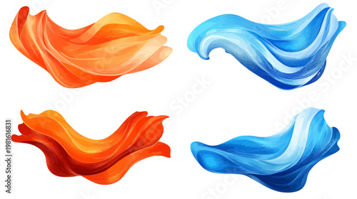 Artistic renderings of flowing, abstract shapes in warm and cool color palettes