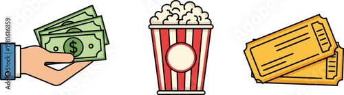 Cartoon popcorn container cinema tickets money hand playful vector illustration representing movie snack purchase entertainment branding leisure freshness