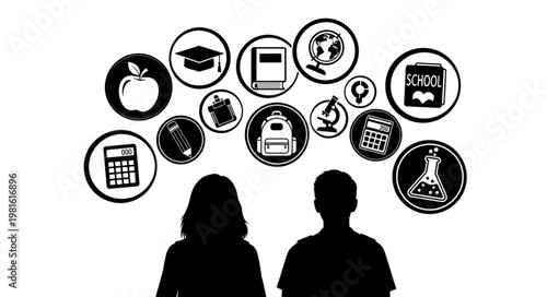 Silhouetted Students Contemplating Education Icons - A Visual Representation of Learning and Knowledge.