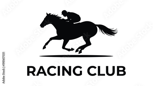 Horse racing club logo featuring a black silhouette of a professional jockey riding a galloping stallion on a white background, perfect for equestrian sports branding.
