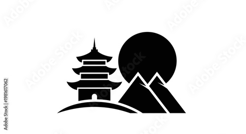 Asian Pagoda Mountain Landscape Icon.