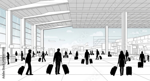 Silhouetted Travelers with Luggage in a Modern Airport Terminal.