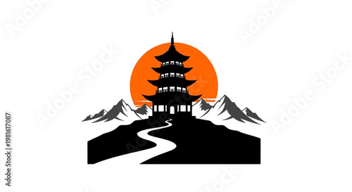 Asian Pagoda Mountain Landscape Sunset.