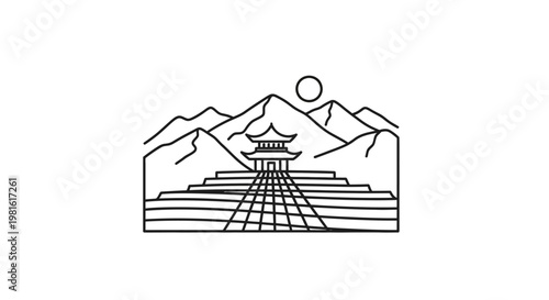 Asian Temple Mountain Landscape Illustration.