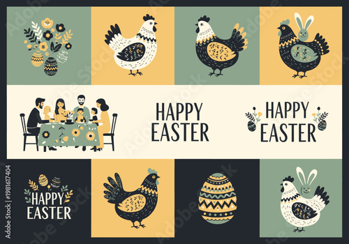 Folk Art Happy Easter Collection featuring Hens, Decorative Eggs, and Family Holiday Dinner in Scandinavian Style