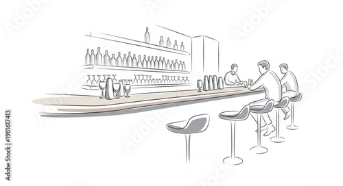 Sketch of a Bar Scene with People and Bottles.