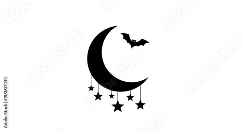 Black Bat Flying Crescent Moon.