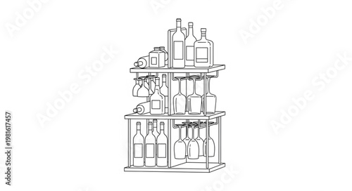 Sketch of a Bar Shelf with Bottles and Glasses.