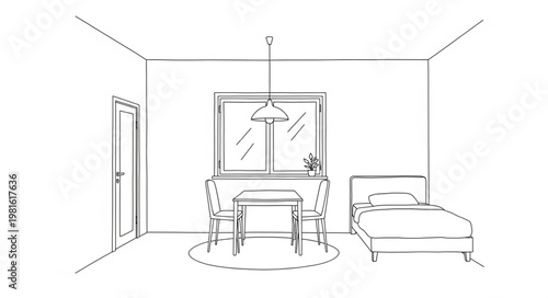 Sketch of a bedroom interior with bed, vanity, and door.
