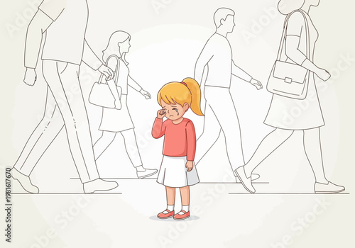 Lost and Crying Little Girl Alone in a Busy Crowd of People, Illustration of Childhood Vulnerability, Neglect, and Isolation in a Public Place