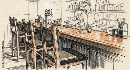 Sketch of a Bartender Working Behind a Bar with Stools.