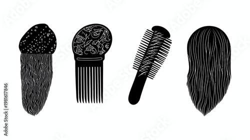 A monochrome illustration of hair accessories and hair