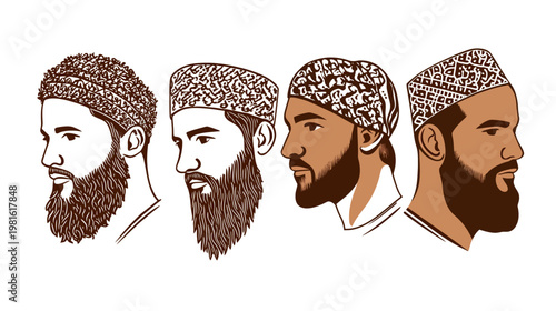 Four side-profile illustrations of bearded men wearing patterned head coverings against white