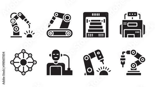 Robotics Manufacturing Icons for Industrial Automation and Mechanical Engineering Technology