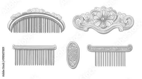 Monochrome illustration of four ornate hair combs with various designs, ideal for design elements