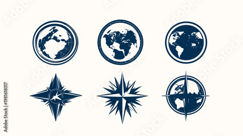 Several dark blue globe and compass illustrations on a light beige background, arranged in rows