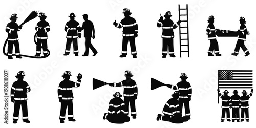 Firefighter Rescue Operations and Fire Truck Silhouette Vector