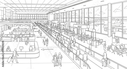 Sketch of a bustling office space with many workers.