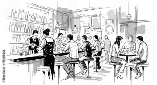 Sketch of a busy bar scene with patrons and bartender.