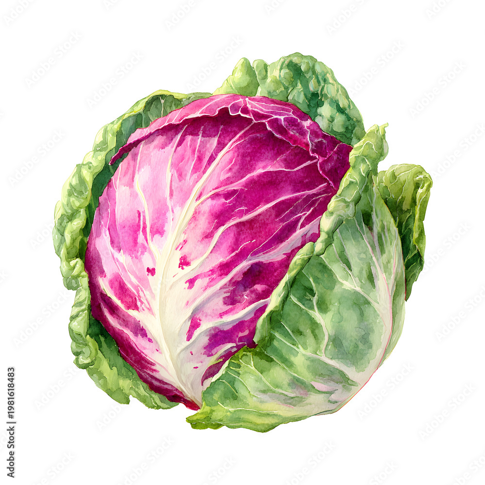Obraz premium Watercolor illustration of a fresh radicchio vegetable with green outer leaves and vibrant purple center isolated on transparent background