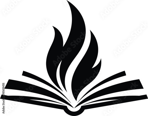 Minimalist open book with fire flames logo, black and white literary symbol, creative education and knowledge icon vector