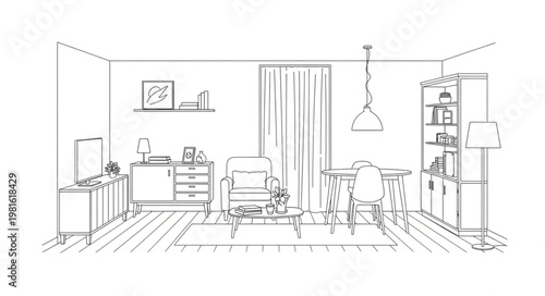 Sketch of a cozy living room interior design.