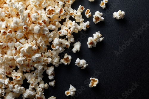 Heap of fluffy popcorn, illuminated, cascades across a matte black background